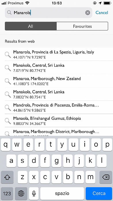 Search function inside The Photographer's Ephemeris interface