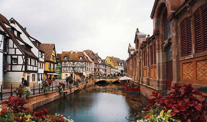 A peaceful view of a canal in Colmar, France