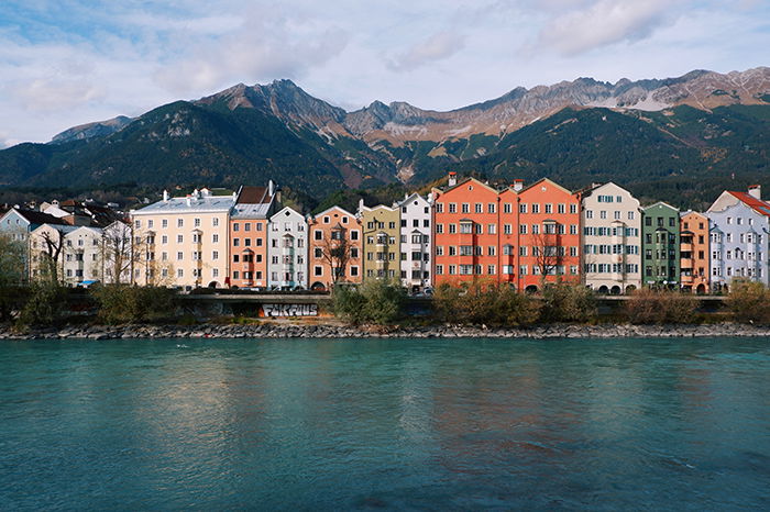 A line of colored houses on the coast of Innsbruck 