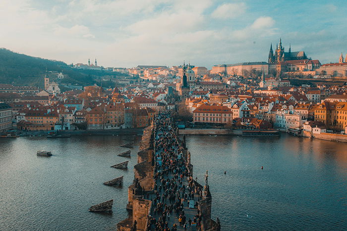 An aerial cityscape of Prague - best European cities to visit