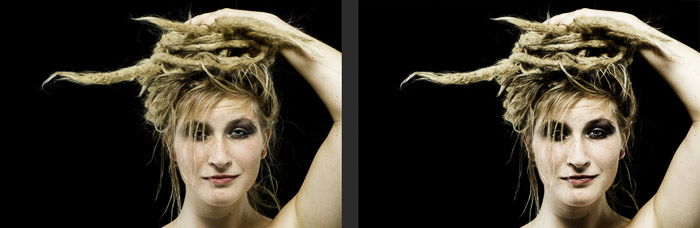 Diptych porttrait of a female model before and after using the gradient map tool in Photoshop