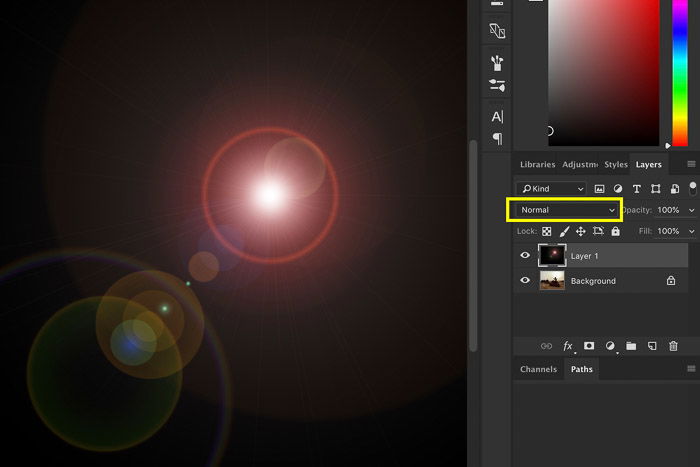 Screenshot showing how to add lens flare in Photoshop