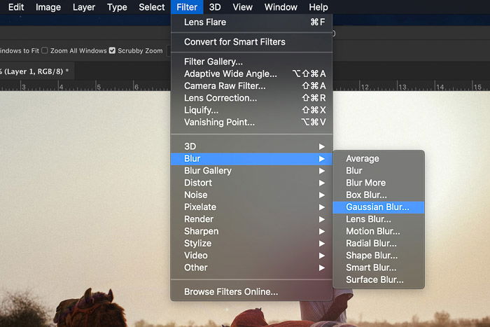 Screenshot showing how to add gaussian blur in Photoshop