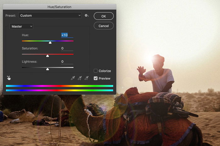 Screenshot showing how to add lens flare in Photoshop