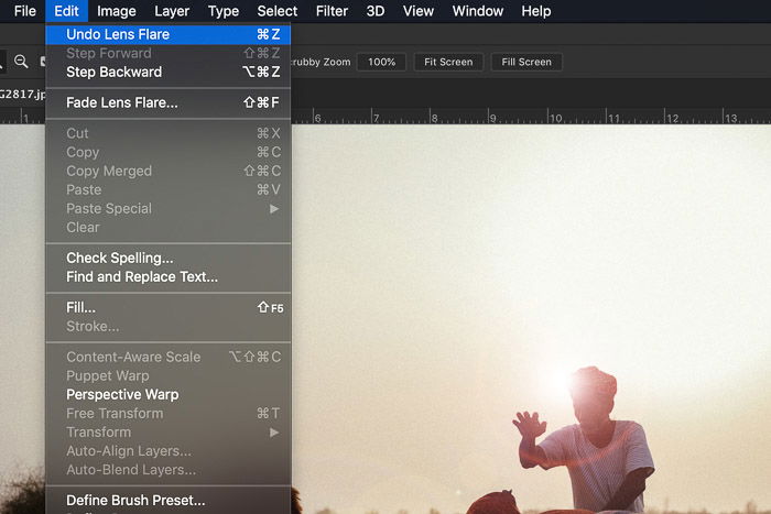 Screenshot showing how to add lens flare in Photoshop