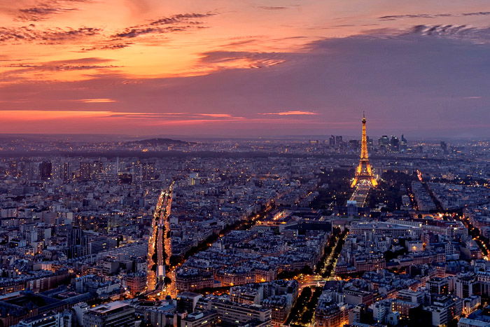 The view of Paris at sunset from the Montparnasse Tower.