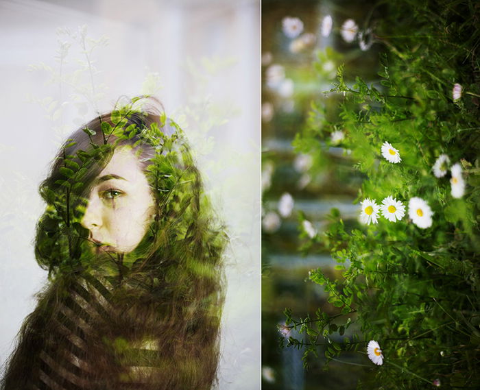 A diptych photo series of a female model double exposed with green foliage