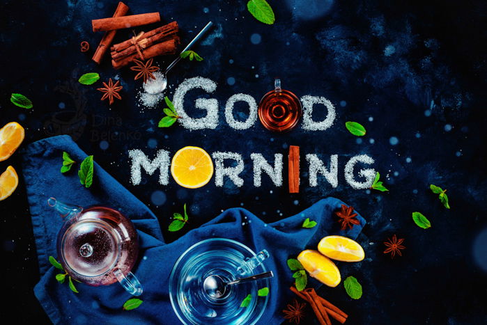 Create food photo using typography made from sugar and fruit to spell 'good morning'