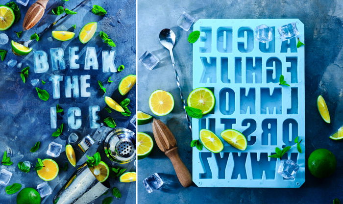 A creative still life diptych featuring typography made from ice - examples of using text in photography