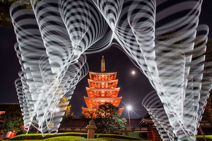 A photo of the five story pagoda at Sensoji templeproduced using light painting.