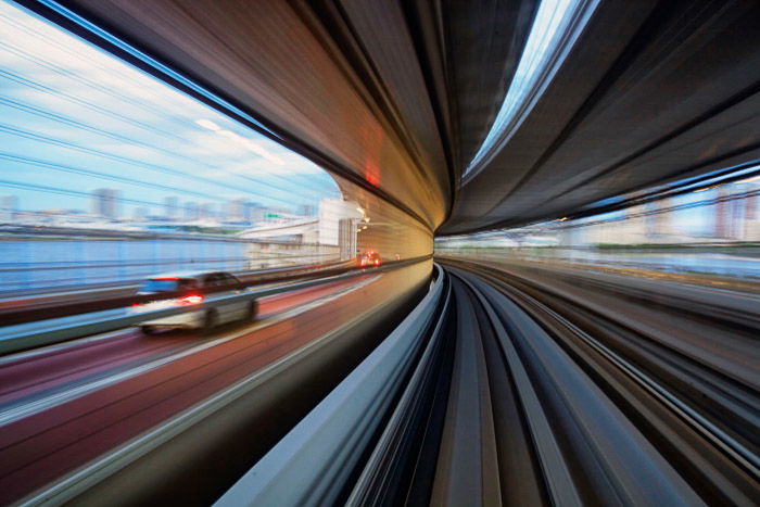 A motion blur photo on the train to Odaiba - tokyo photography locations 