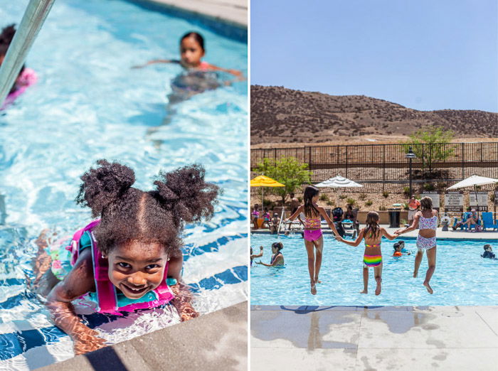 Diptych portrait of children swimming in an outdoor pool - fun birthday party photography ideas