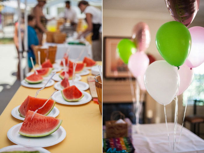 bright and cheerful birthday party photography diptych including plates of watermelon at a party on the left, and green and white balloons on the right