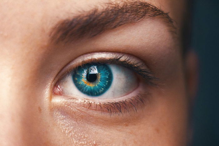 A close up photo of a female models blue eye