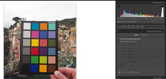 A screenshot of using a photo of a color checker for Lens Correction in Lightroom 