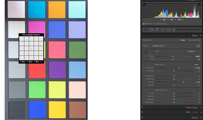 A screenshot of checking Highlights & Exposure Values with a color checker in Lightroom