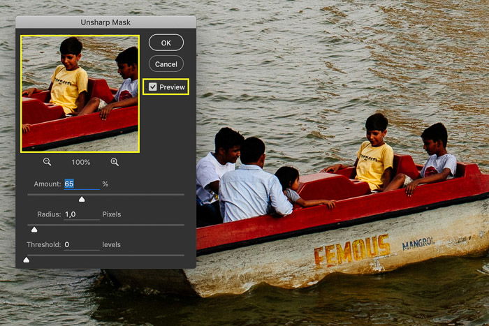 A screenshot showing how to use an unsharp mask in Photoshop