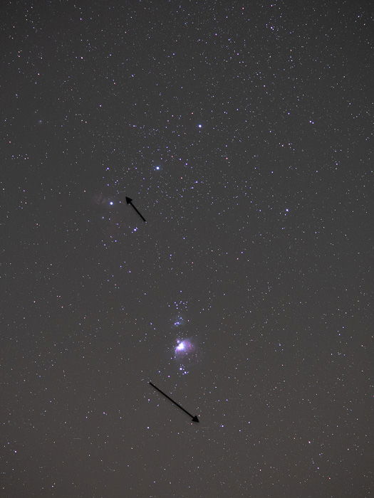 Two small trails from artificial satellites are barely visible in this shot from my series on M42.