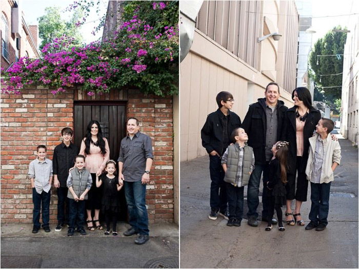 Diptych family portrait of a family of five posing outdoors - taking good pictures of people