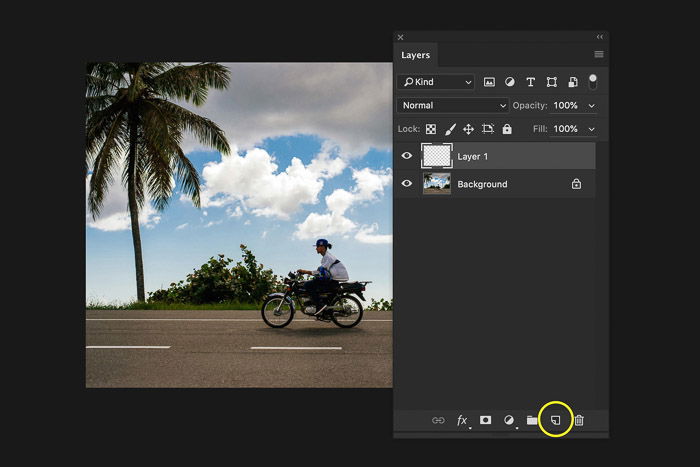 A screenshot showing how to add a layer in Photoshop - create a new layer