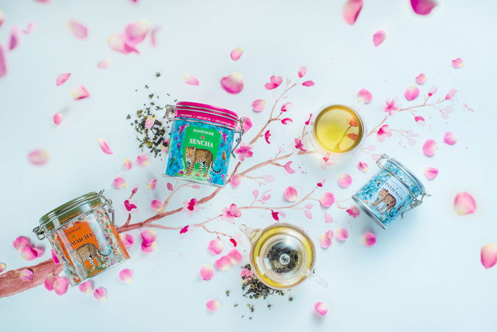 Bright and airy product photography flat lay of flower petals and cosmetic products on a hand painted background