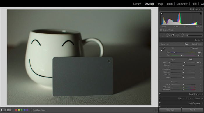 A screenshot showing how to use a grey card for color correction in Lightroom