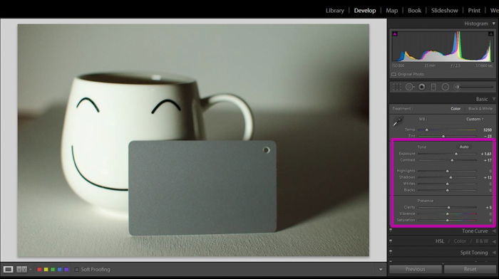 A screenshot showing how to use a grey card for color correction in Lightroom