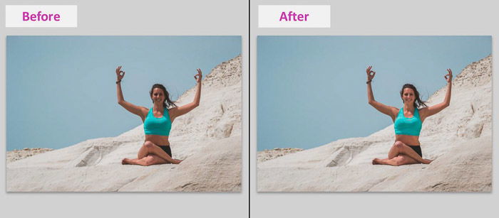 A screenshot showing how to remove Local Shadows With Lightroom Basic Tools - before and after photo of a female model on a beach