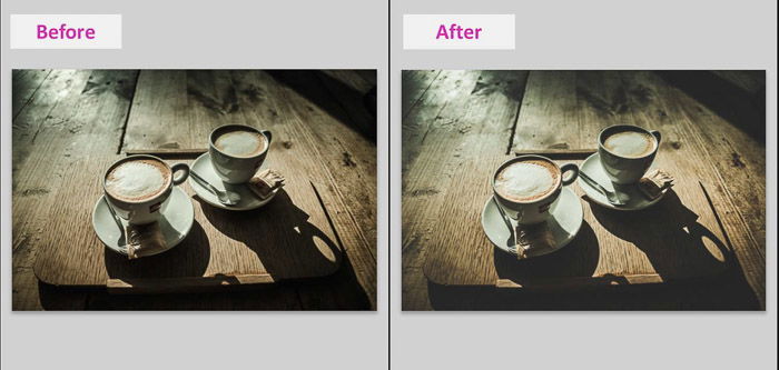 A Lightroom screenshot showing how to make blacks matte to give Images a faded look - before and after result