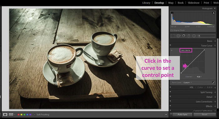 A Lightroom screenshot showing how to make blacks matte to give Images a faded look - control point