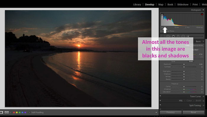 A screenshot of working with shadows and blacks in Lightroom