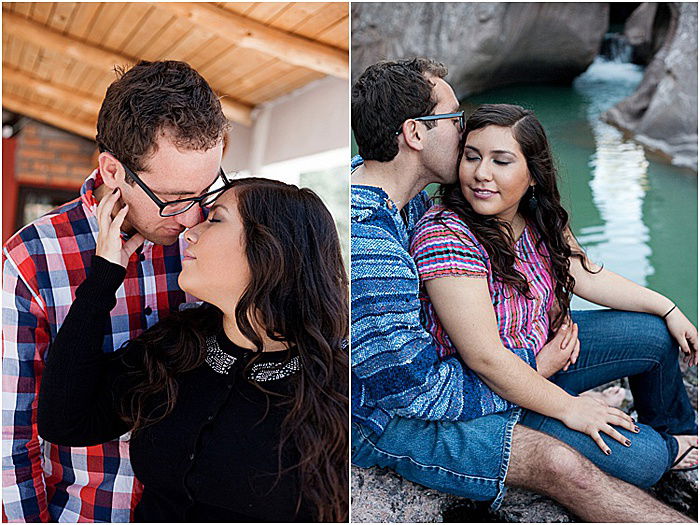 A romantic diptych portrait of a couple embracing and smiling