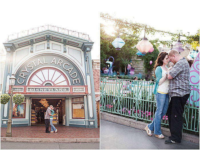 A romantic diptych portrait of a couple embracing at disneyland