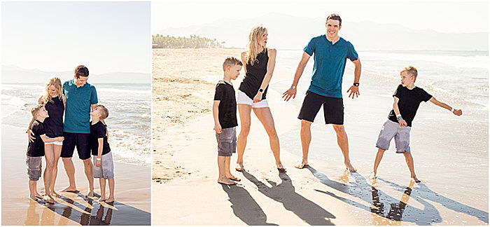 A fun and casual family porttrait diptych of a family of four posing on the beach - emotional photography