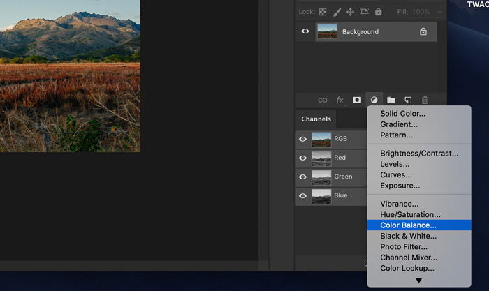 A screenshot showing how to use color balance to change color of the sky in Photoshop 