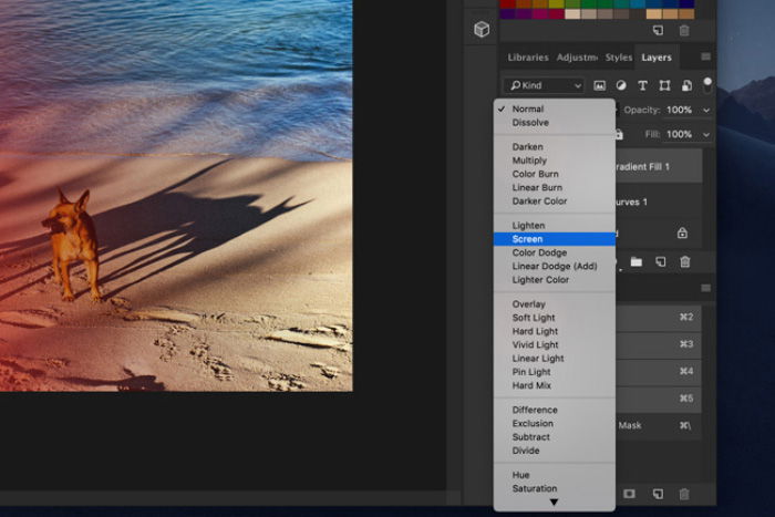 A screenshot of how to add light leaks to a photo in Photoshop - changing the blending mode