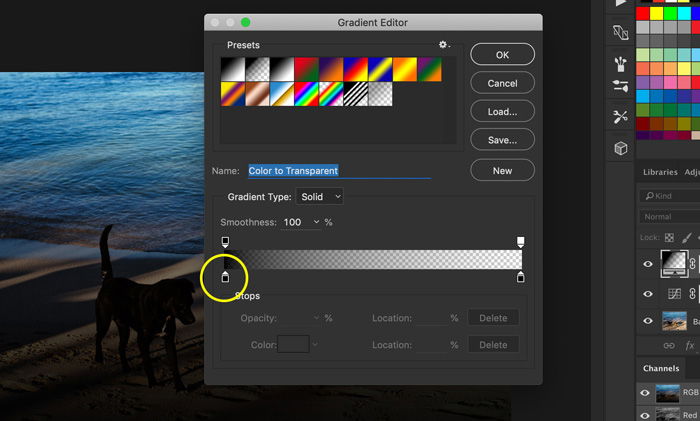 A screenshot of how to use gradient editor to add light leaks to a photo in Photoshop 