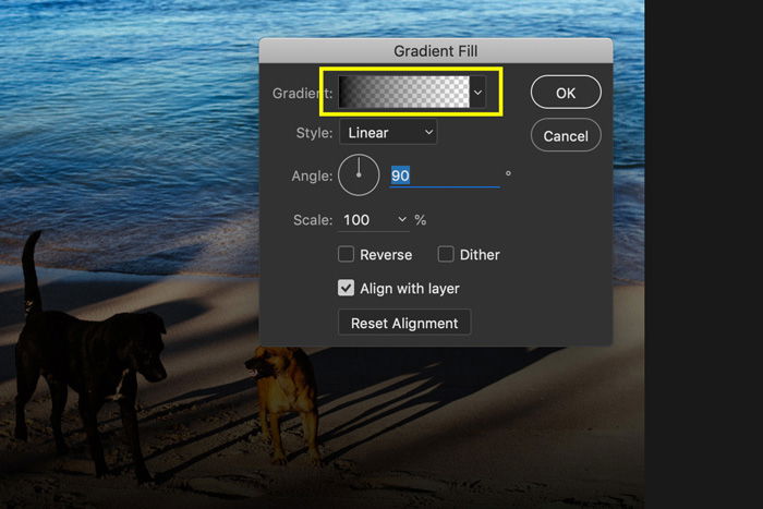 A screenshot of how to add light leaks to a photo in Photoshop - gradient editor