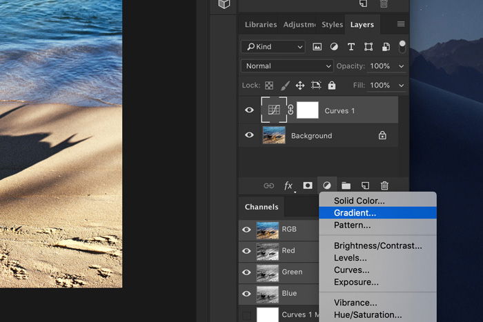 A screenshot of how to add light leaks to a photo in Photoshop - add a gradient