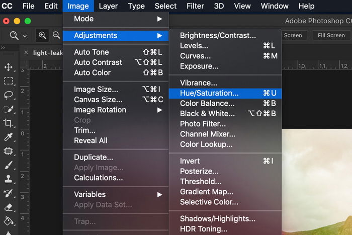 A screenshot showing how to use Light Leak Overlays in Photoshop - hue/saturation