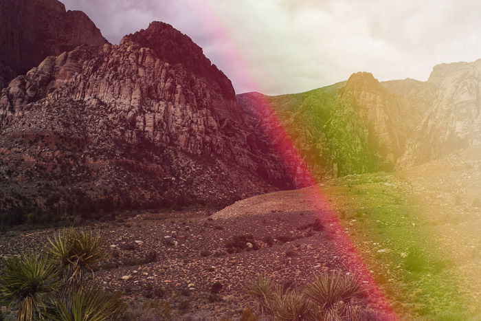 A photo of a rocky landscape with creative light leak overlays