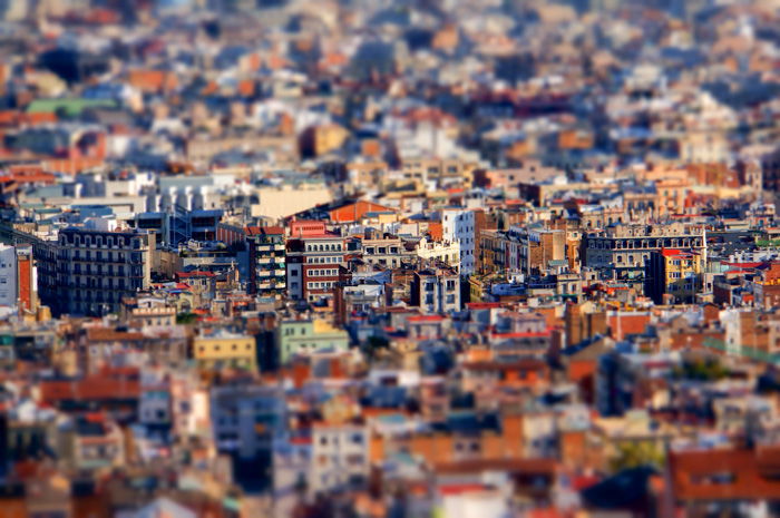 An overhead shot of a cityscape shot using a tilt shift lens