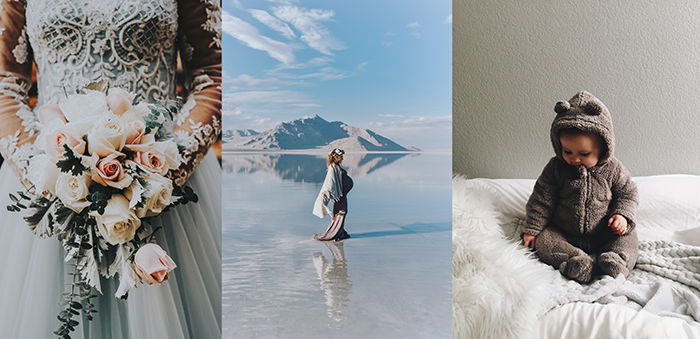 A triptych photography example featuring a bridal portrait, maternity photo and baby portrait