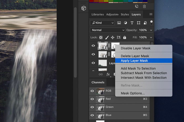 How to add waterfall effect in Photoshop - apply the layer mask