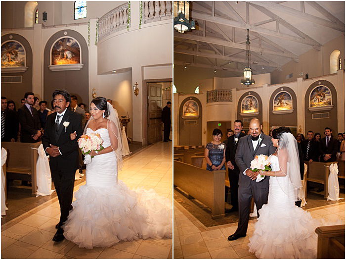 A diptych wedding portrait of the bride walking the aisle and couple being married - wedding flash photography