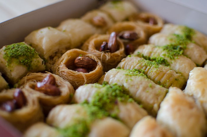 Lines of tasty baklawa sweets shot using ettr technique