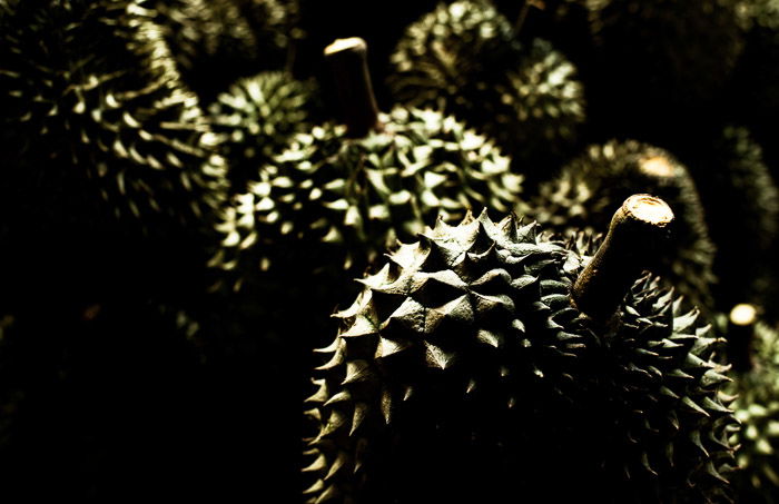 A dark and grungy photo of Durian fruits