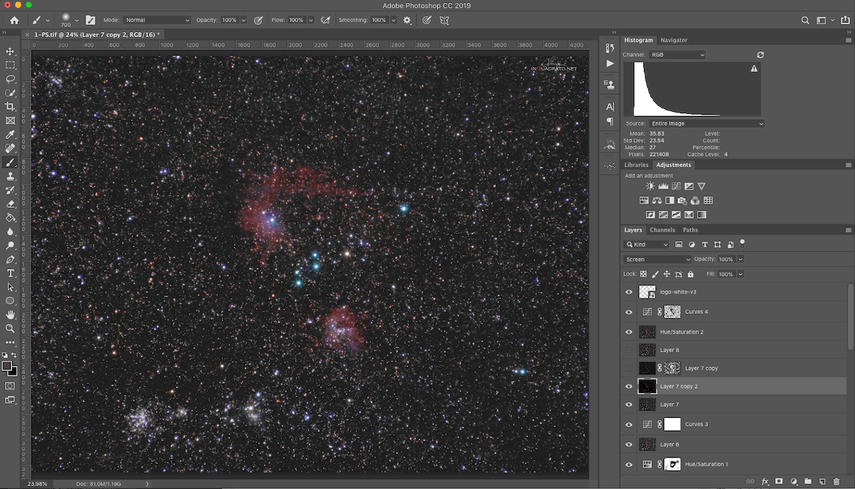 Screenshot of an astrophotography picture being edited in Adobe Photoshop