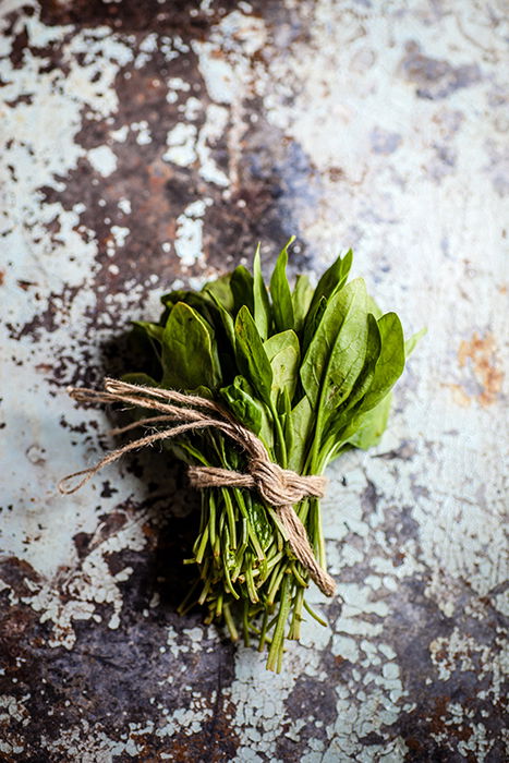 A bunch of salad leaves wrapped in twine - form in food photography