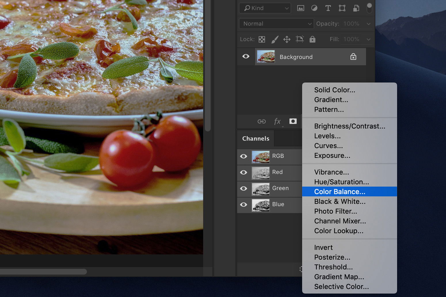 A screenshot showing how to edit food photography in Photoshop using color balance 